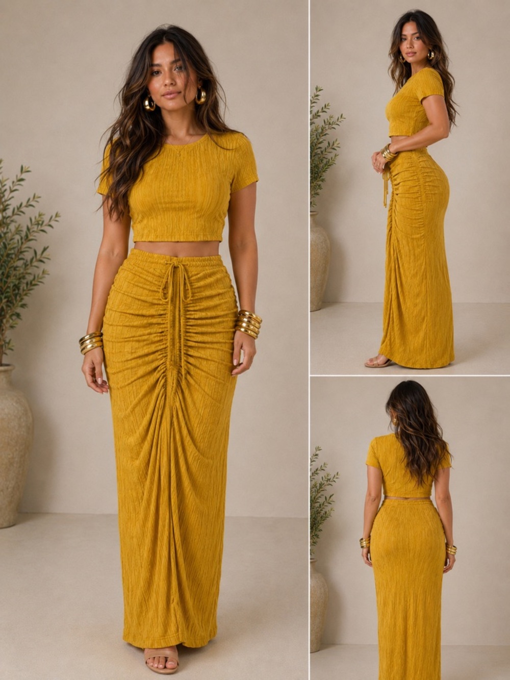 Mustard Ruched Maxi Skirt Set - Women